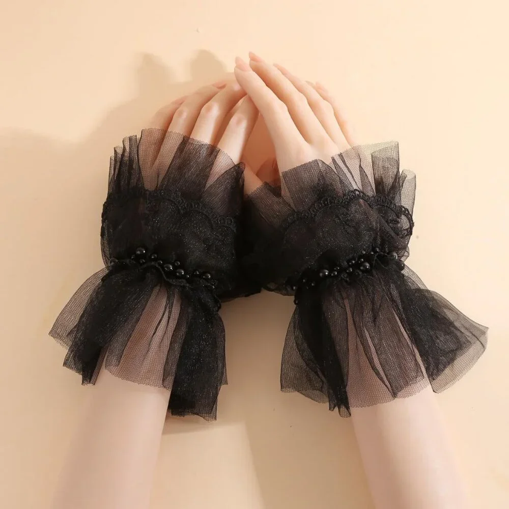 Women's Fingerless Black Pearl Tulle Short Lace Gloves Wedding Party Prom
